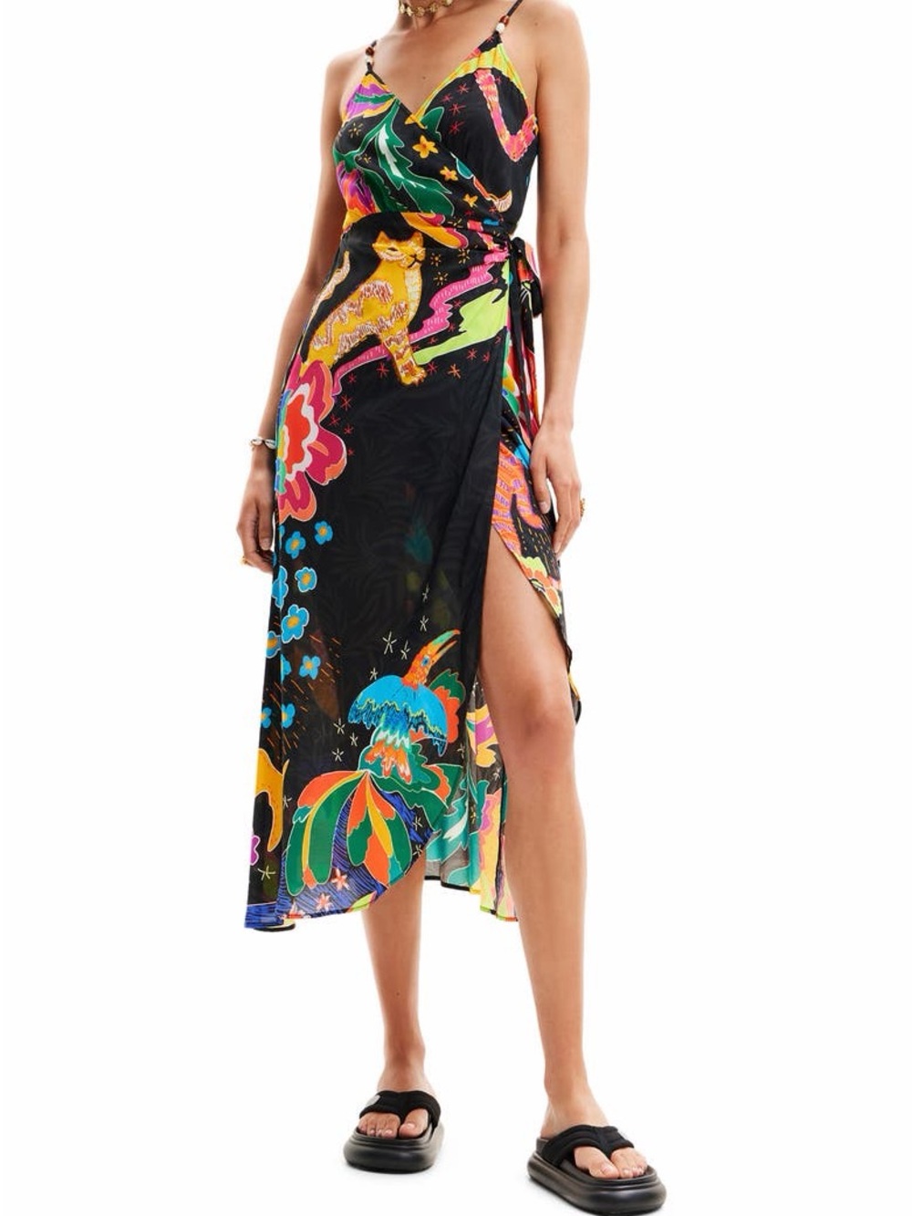 Desigual Black Multicolor Strapless Tie-Waist Maxi Dress